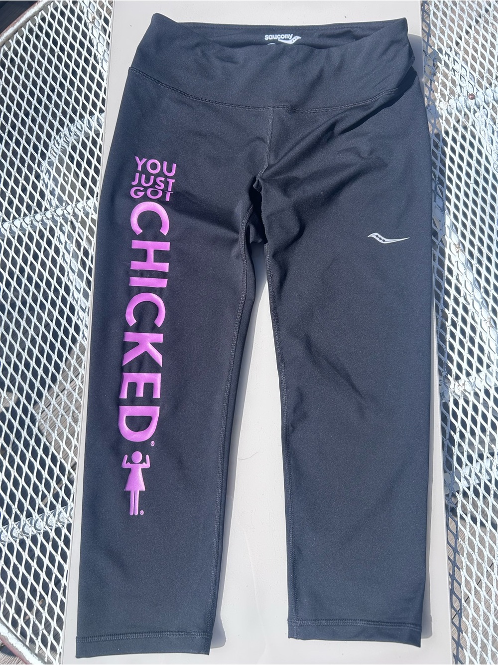 Women’s athletic capris Saucony  CHICKED branding -  NWT — make a Statement!! :)